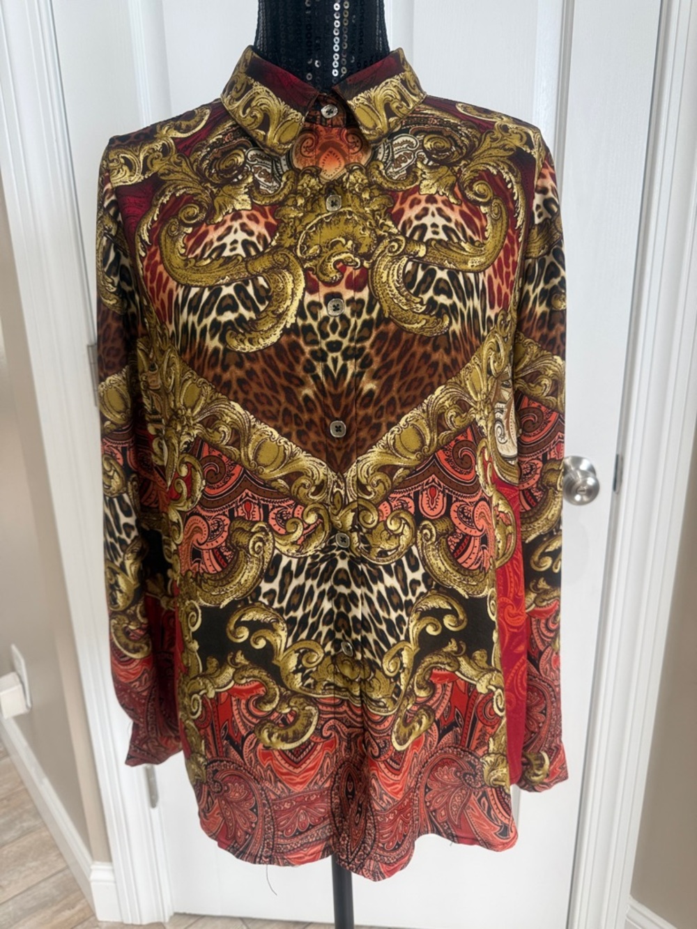 Baroque Leopard Print Button-Up Blouse in Red, Gold, Brown